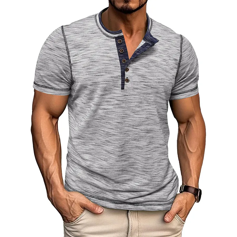 Men Henley Shirt Heathered Short Sleeve Poly Cotton Blend Button Down Casual Slim Fit Contrast Stitching Top