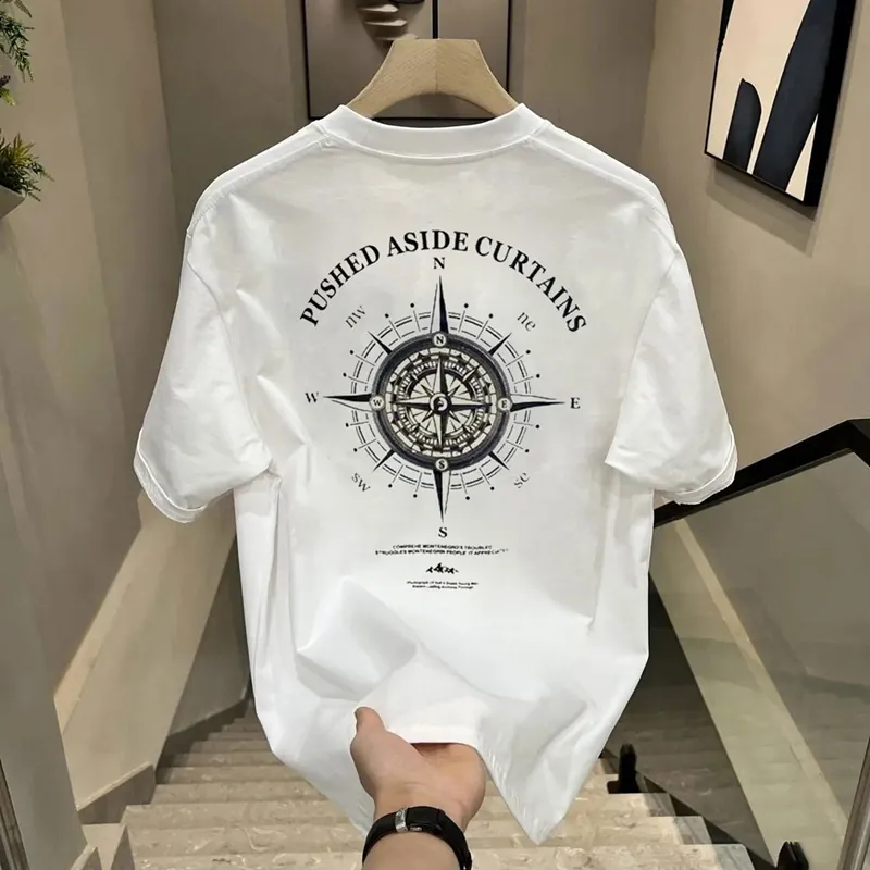 Men Heavyweight Cotton Short Sleeve T-Shirt Vintage Compass Letter Printing Round Neck Casual Streetwear Summer Top For Men