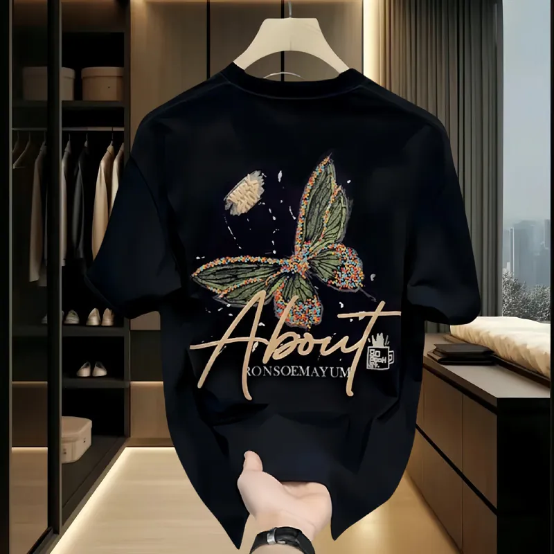 Herren Schweres Baumwolle T-Shirt Sommer Kurzarm Rundhals Schmetterling Und Buchstabendruck Streetwear Lässige Herren Oberteil
