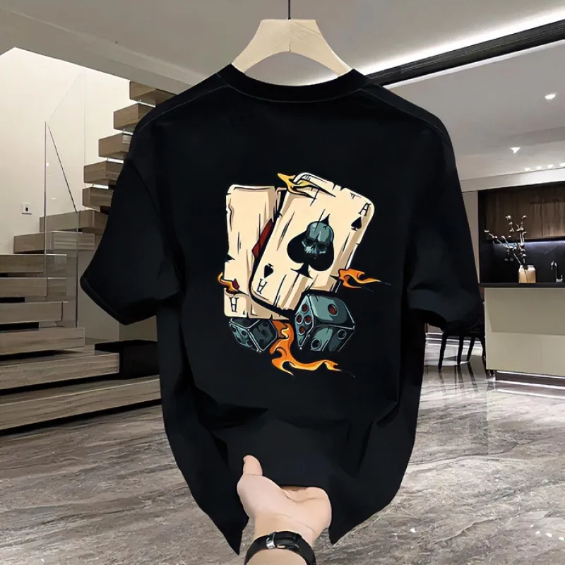 Heren Katoenen T-Shirt Ademend Streetwear Ace Poker Dobbelstenen Schedel Vlam Print Ronde Hals Korte Mouw Casual Zomer Top