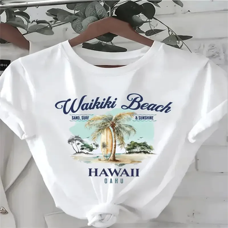 Maglietta da Donna con Stampa Grafica Manica Corta in Misto Cotone Girocollo Estiva Casual da Spiaggia Streetwear Moda