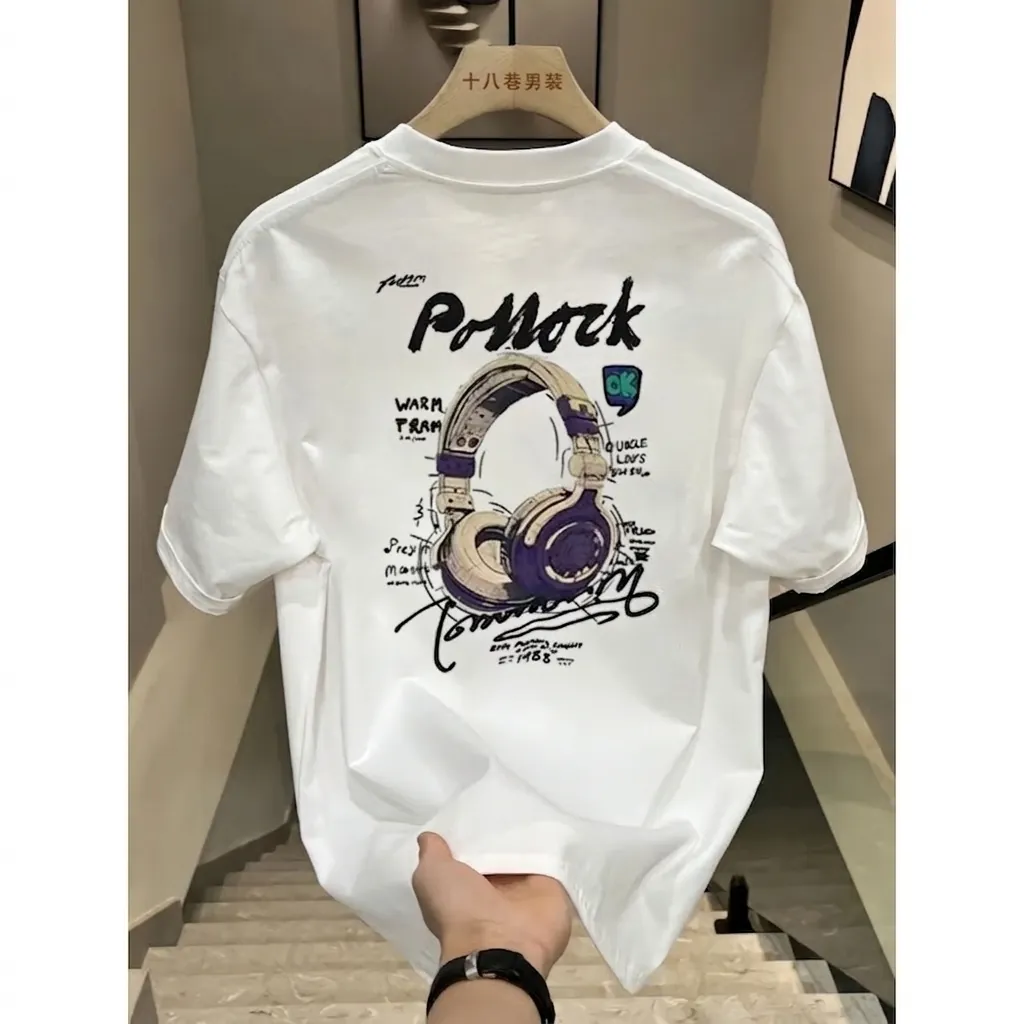 Men Heavy Cotton T-Shirt Round Neck Short Sleeve Loose Fit Streetwear Graphic Headphone Print Casual Tee Top For Men