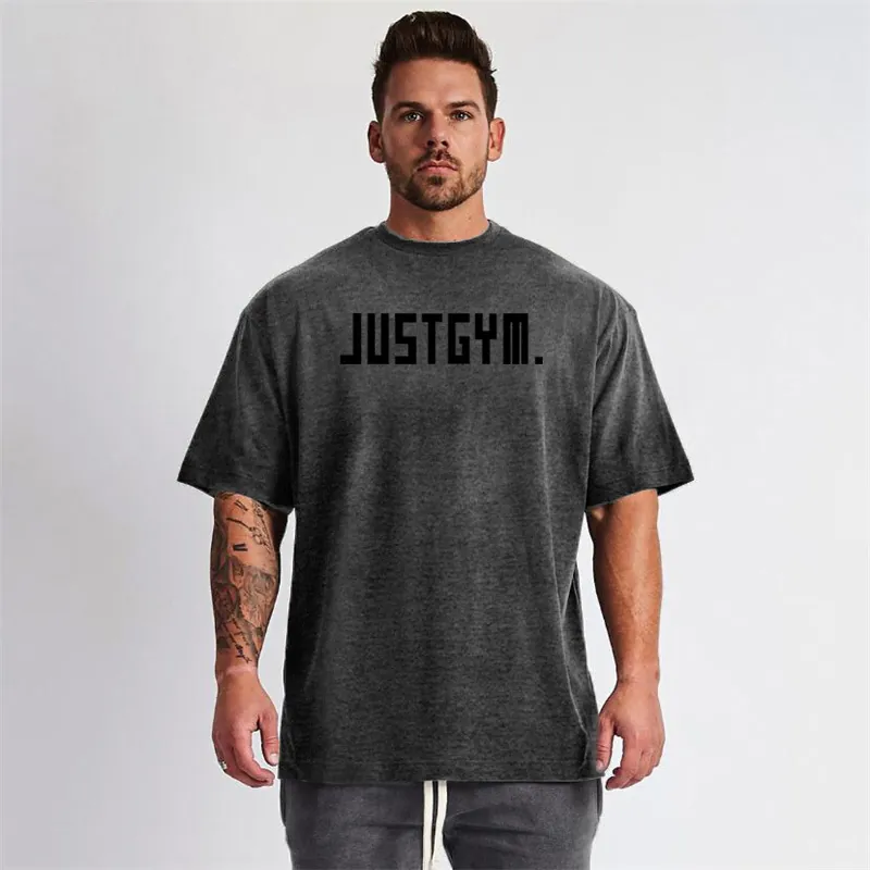 Men Cotton Oversized Gym T-Shirt Short Sleeve Muscle Fit Breathable Sport Top Justgym Letter Print For Fitness Workout