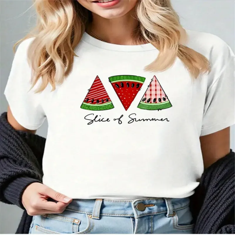 Maglietta Donna Casual Cotone Elastan Slice Of Summer Anguria Stampa Manica Corta Girocollo Top Largo per Uso Quotidiano