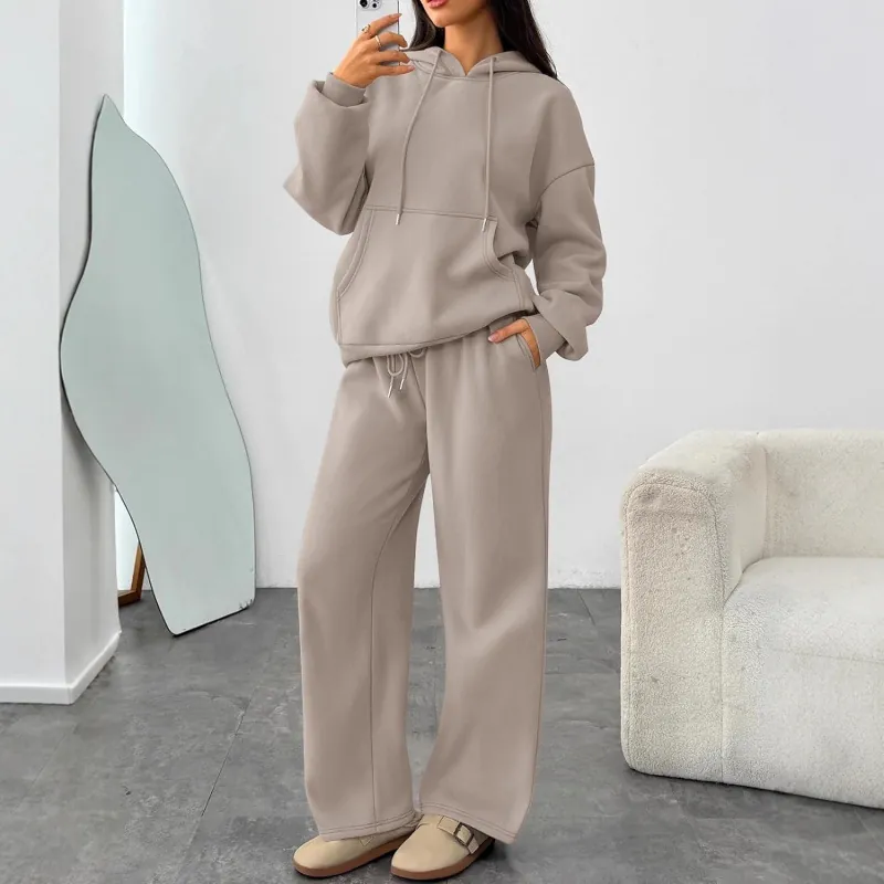 Women Casual Hooded Sweatshirt And Wide Leg Pants Set Solid Color Long Sleeve Top And Bottom Autumn Sportswear Co-ords