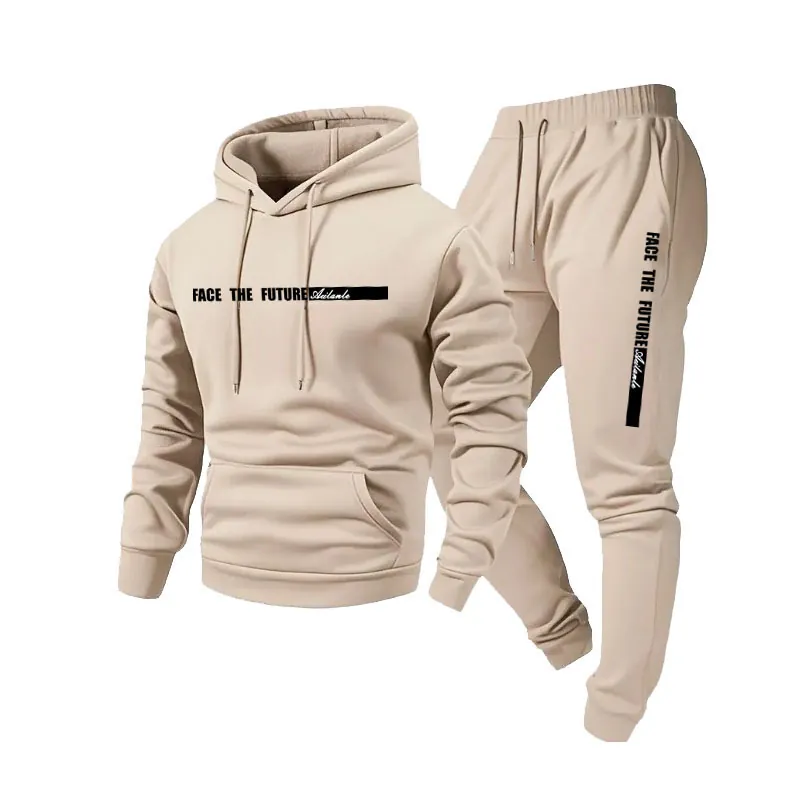 Tuta Sportiva da Uomo Foderata in Pile con Cappuccio e Pantaloni Sportivi Stampa Lettere Poliestere Casual Calda Completo Jogger