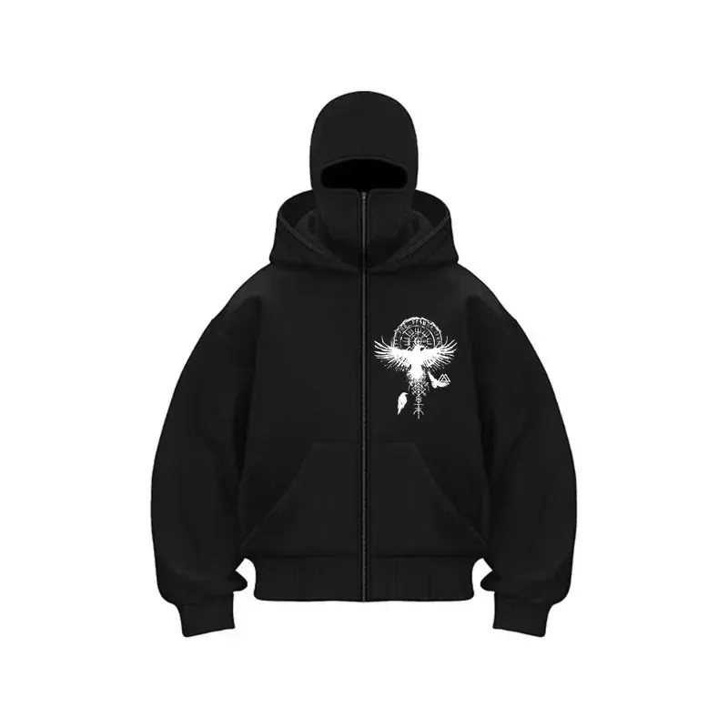 Herren Kapuzenpullover Mit Reißverschluss Ninja Sturmhaube Maske Design Gothic Punk Streetwear Fleece Nordic Rune Rabe Druck