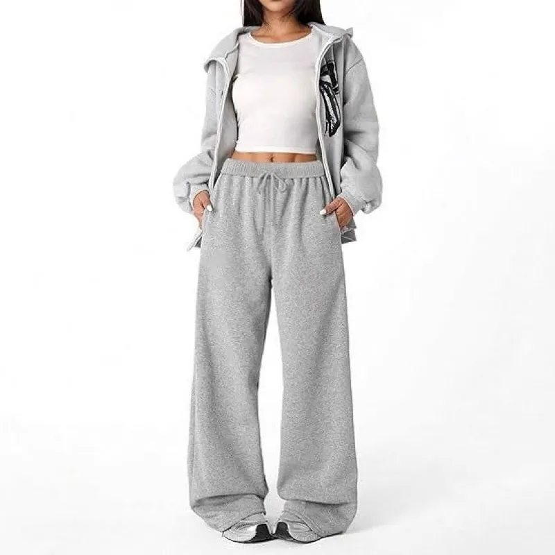 Women's High Waisted Wide Leg Casual Pants Cotton Blend Adjustable Drawstring Lounge Trousers With Pockets Loose Fit Sweatpants