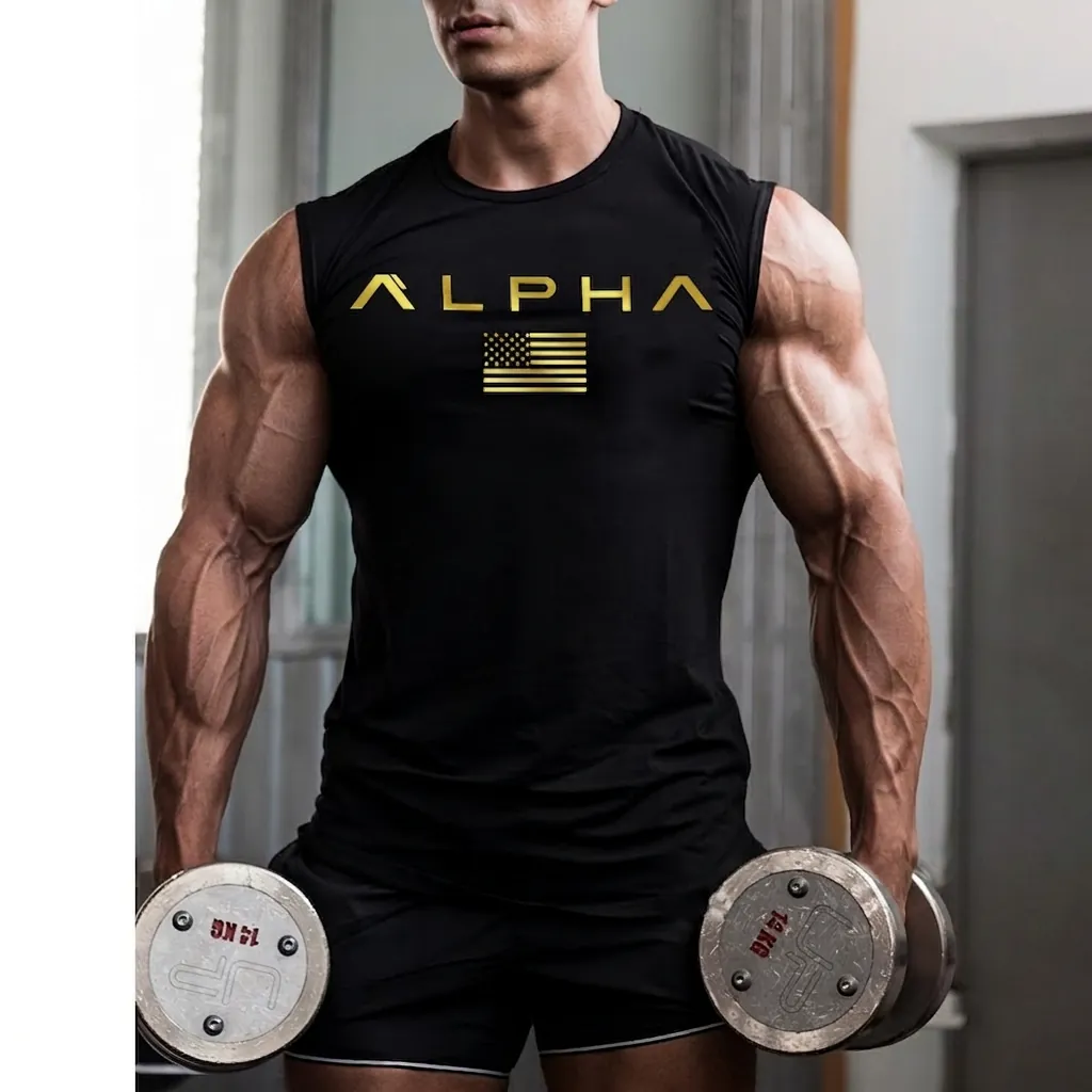 Men's Gym Tank Top ALPHA Letter Print Cotton Blend Muscle Shirt American Flag Graphic Sleeveless Athletic Fitness Vest