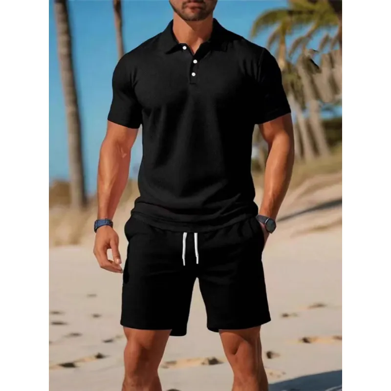 Men Summer Casual Polo Shirt And Shorts Top And Bottom Breathable Polyester Mesh Lapel Button Beach Resort Holiday Outfit