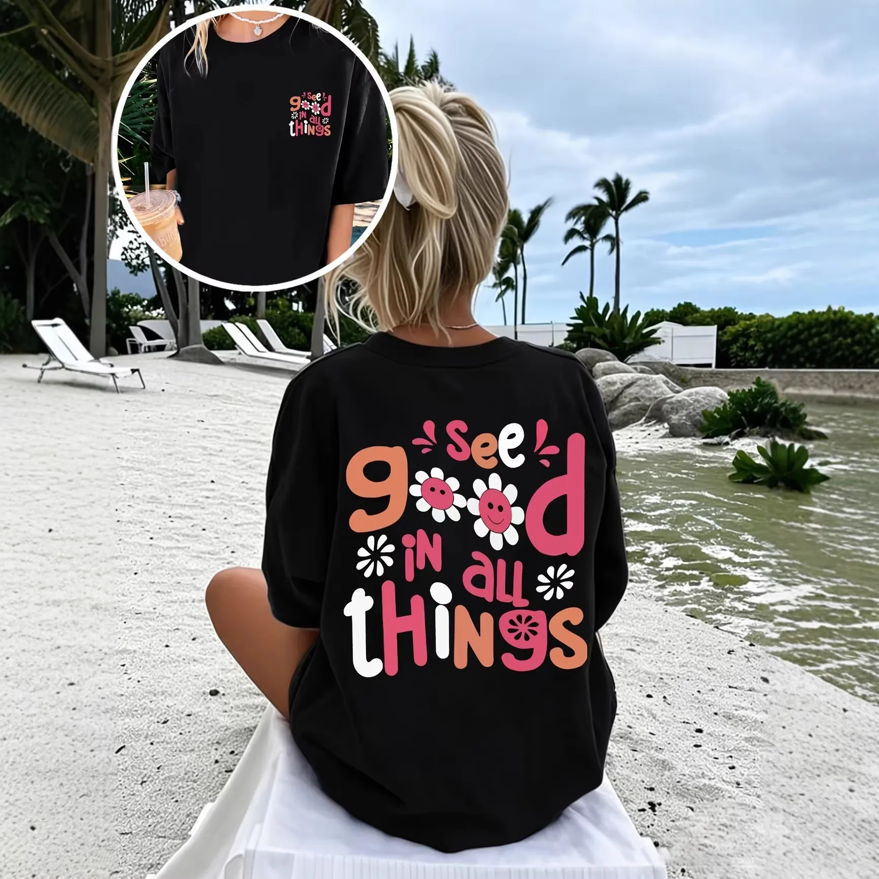 T-Shirt Large en Coton pour Femmes See Good In All Things Imprimé Tournesol Manches Courtes Col Rond Casual Streetwear Top