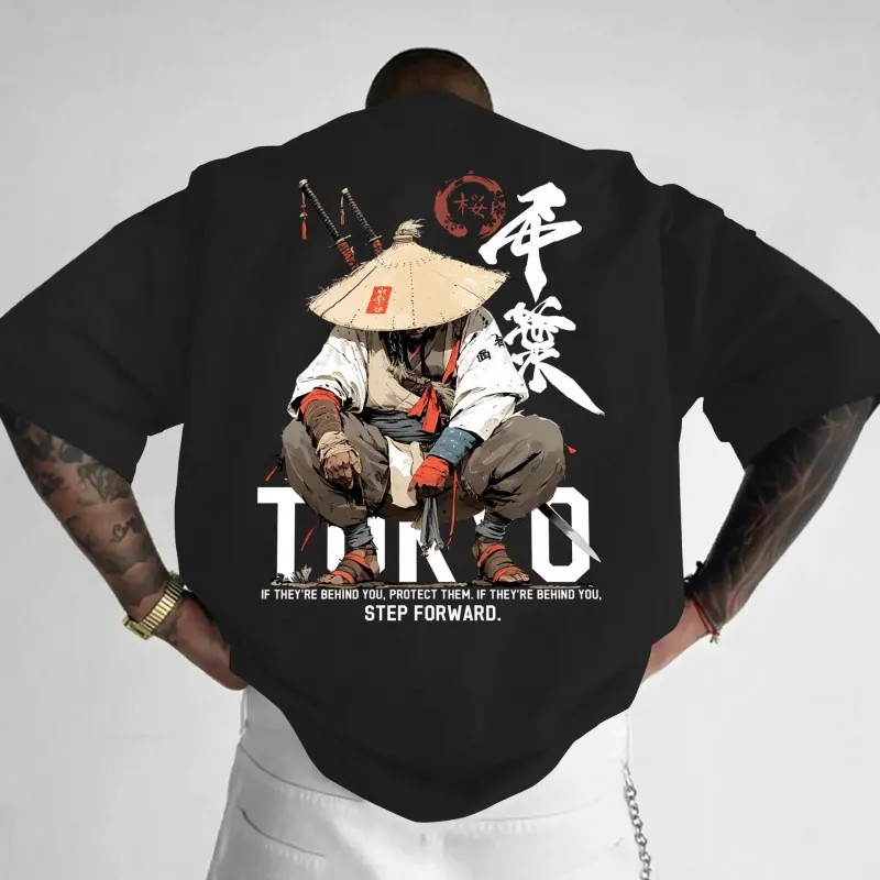 Men's Cotton T-Shirt Japanese Samurai Graphic Tokyo Print Short Sleeve Round Neck Loose Fit Streetwear Hip-Hop Fashion Top