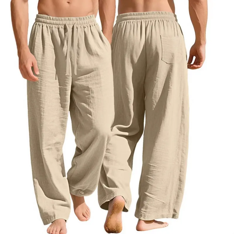 Men's Casual Cotton Linen Trousers Loose Straight Leg Drawstring Elastic Waist Breathable Solid Color Leisure Long Pants