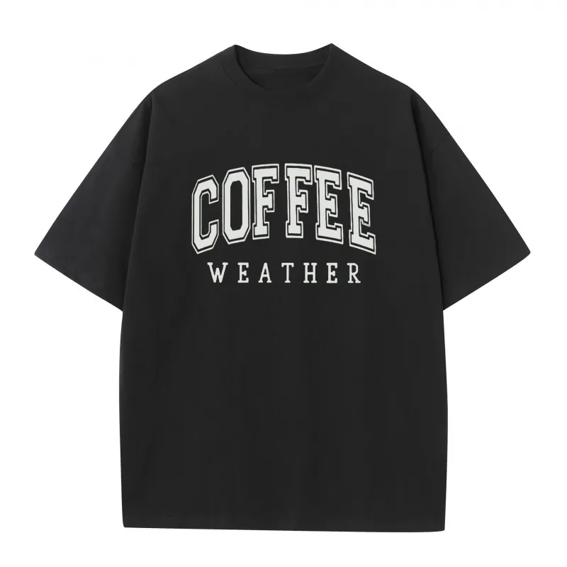 Dames Casual Katoenen T-Shirt Coffee Weather Letter Print Korte Mouwen Ronde Hals Zomer Losse Pullover Mode Tee Top