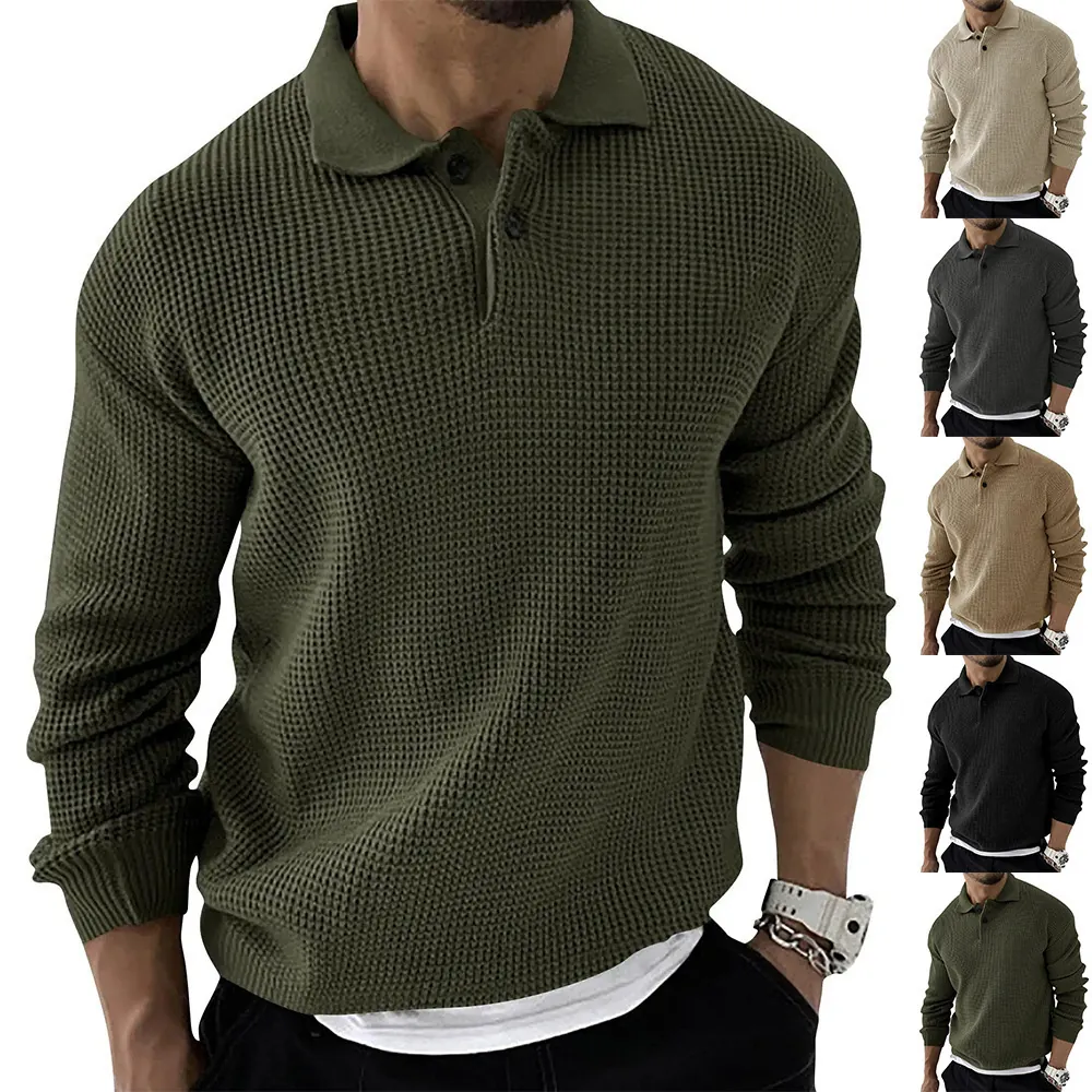 Men Waffle Knit Polo Sweater Long Sleeve Slim Fit Lapel Pullover Casual Knitted Jumper Solid Color Warm Top For Autumn Winter