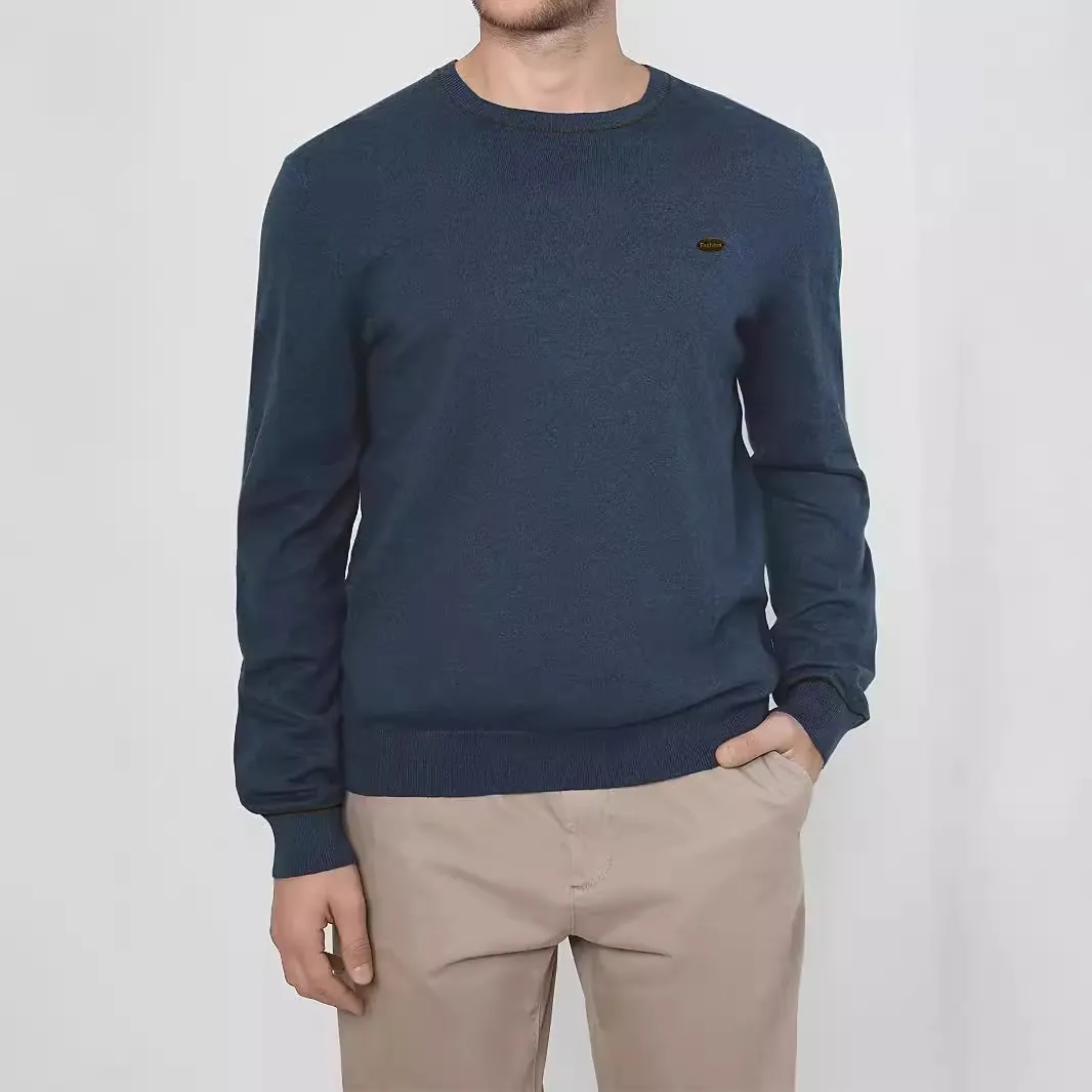 Men's Casual Crewneck Pullover Knitted Sweater Solid Navy Blue Long Sleeve Polyester Knit Top For Everyday Wear