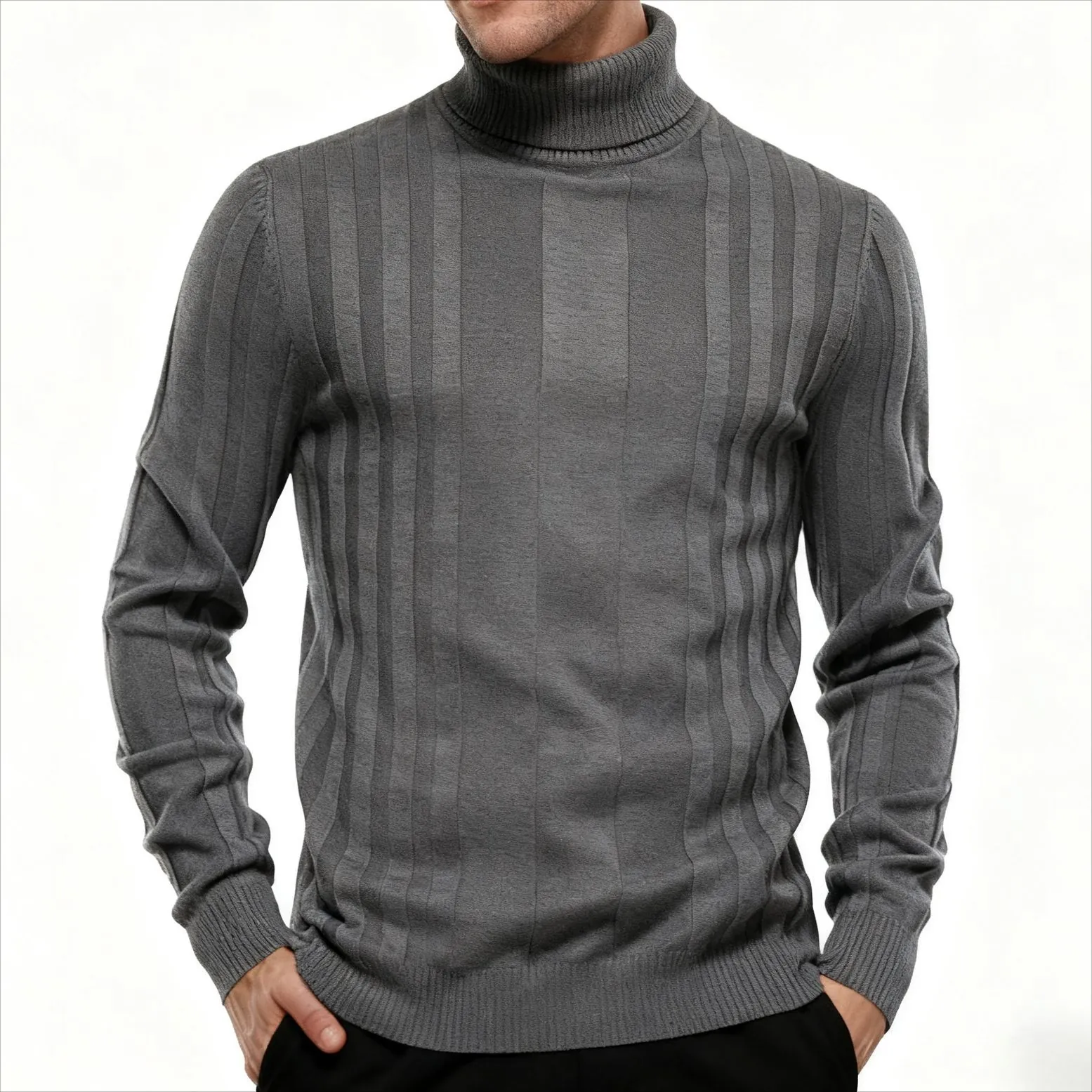 Men Turtleneck Sweater Cotton Blend Knit Vertical Stripe Slim Fit Pullover Long Sleeve Basic Top For Casual Daily Wear