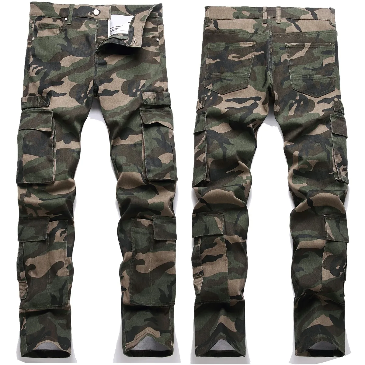Men Jungle Camouflage Cargo Pants Cotton Spandex Multi Pocket Slim Fit Straight Leg Denim Trousers For Outdoor Casual Wear