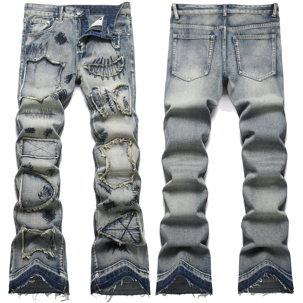 Jean Évasé Coupe Ajustée High Street Homme Délavé Bleu Broderie Patchwork Pantalon Denim Rétro Streetwear Pour Hommes