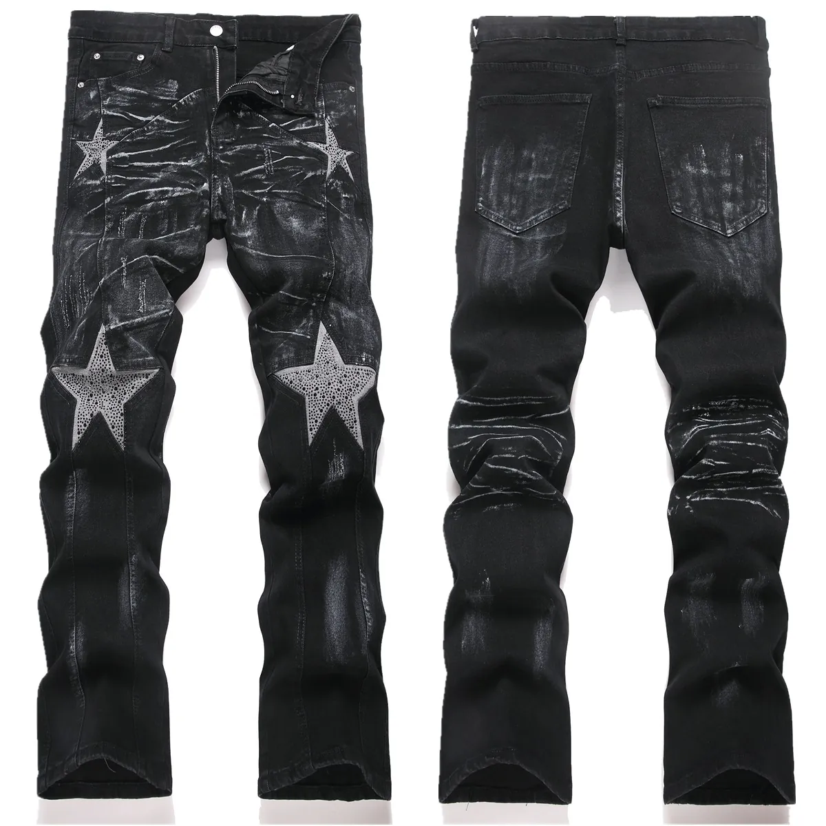Men High Street Flare Jeans Rhinestone Star Patchwork Denim Cotton Spandex Slim Fit Washed Distressed Retro Punk Pants