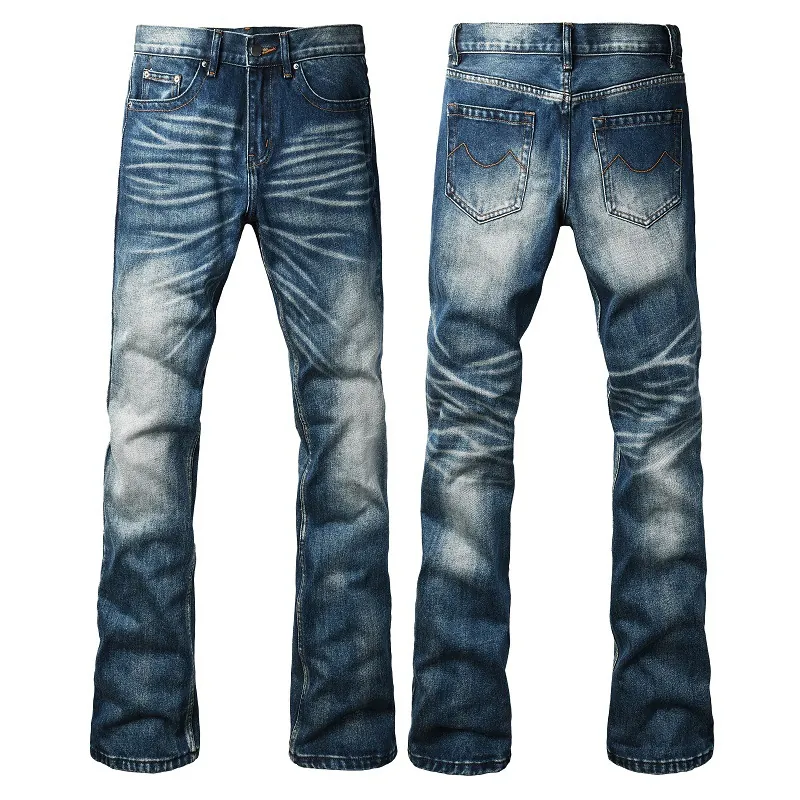 Men's Micro Flare Jeans Vintage Washed Denim Pants With Whiskers Slim Fit High Street Stylish Casual Male Trousers Mid Waist