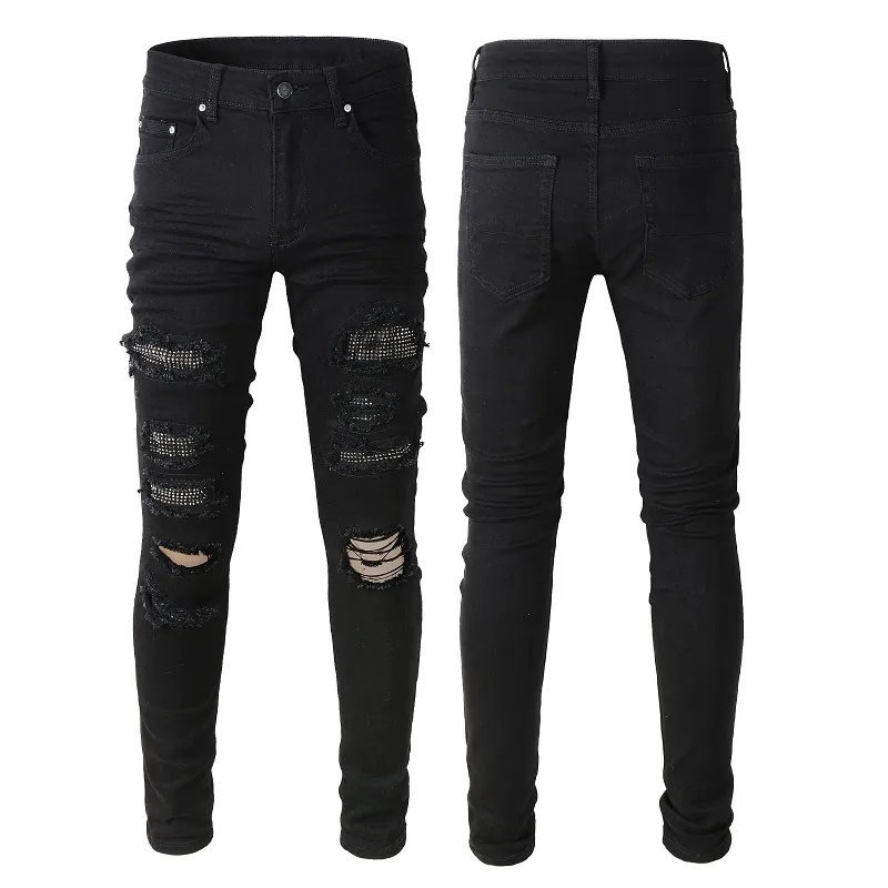 Men Slim Fit Distressed Jeans Black Rhinestone Ripped Denim High Street Punk Style Long Pants For Men Streetwear