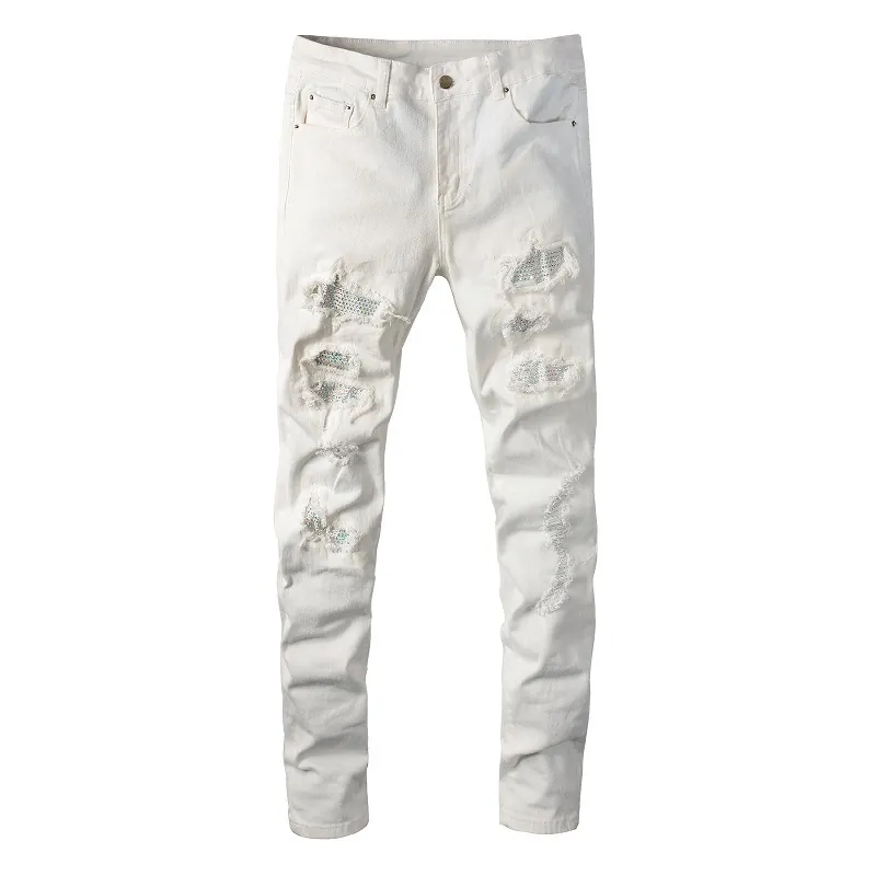 Men's High Street White Distressed Jeans Stretch Slim Fit Denim Pants With Rhinestone Patchwork Distressed Straight Leg