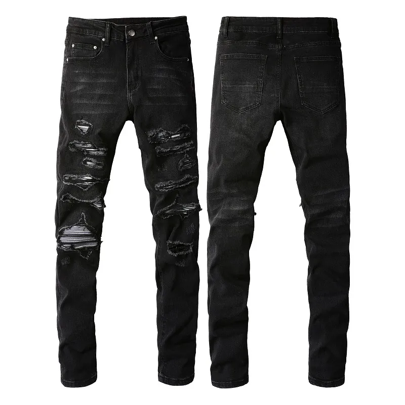 Men Ripped Skinny Jeans Black Distressed Slim Fit Cotton Denim Pants Streetwear Grunge Destroyed Trousers For Adult