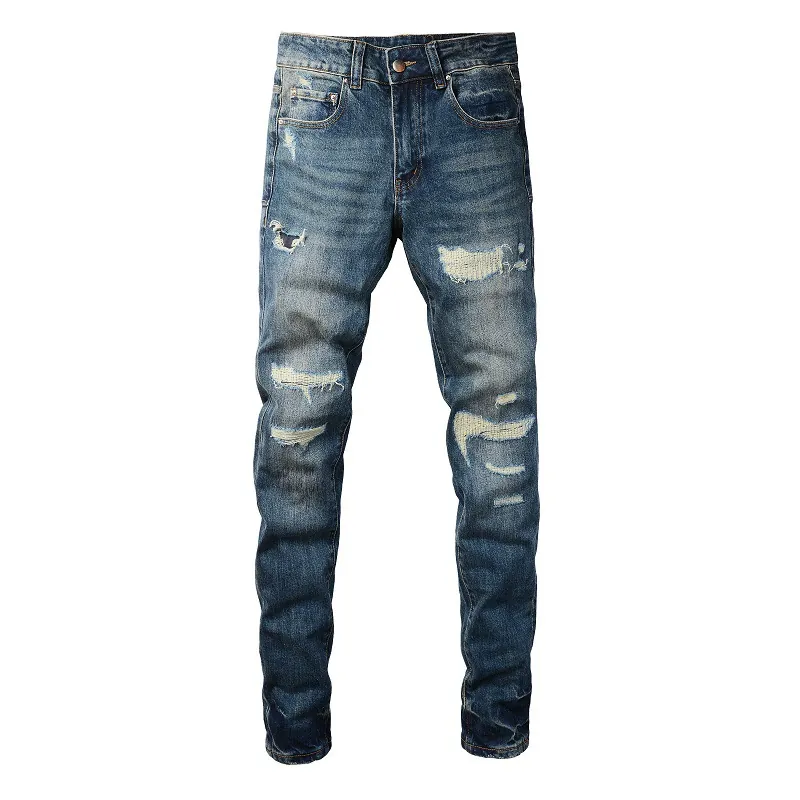 Men High Street Distressed Ripped Jeans Slim Fit Cotton Blend Denim Pants Vintage Washed Patchwork Long Trousers For Men Fashion