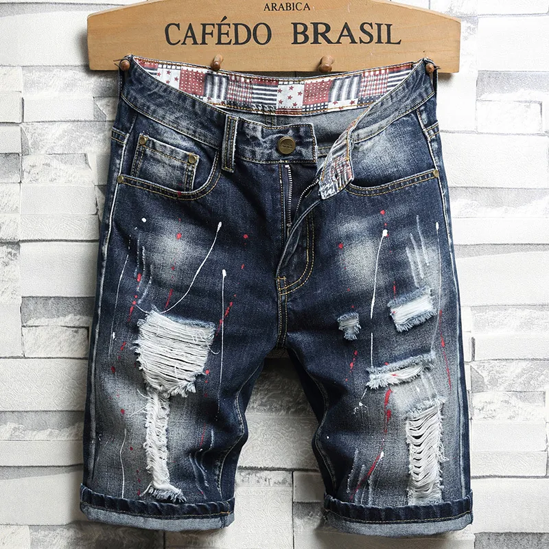 Mens Distressed Denim Shorts Ripped Cotton Jean Shorts Paint Splatter Streetwear Summer Casual Blue Denim Short Pants For Men