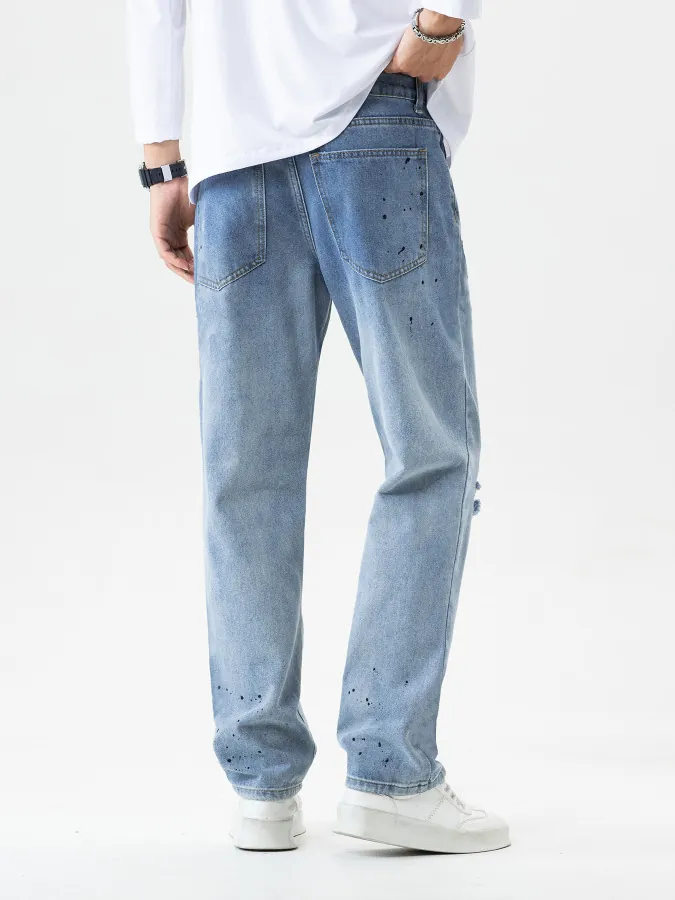 Herren Denim Jeans Hellblau Waschung Zerrissen Distressed Farbspritzer High Street Hip Hop Gerade Hose Für Den Alltag