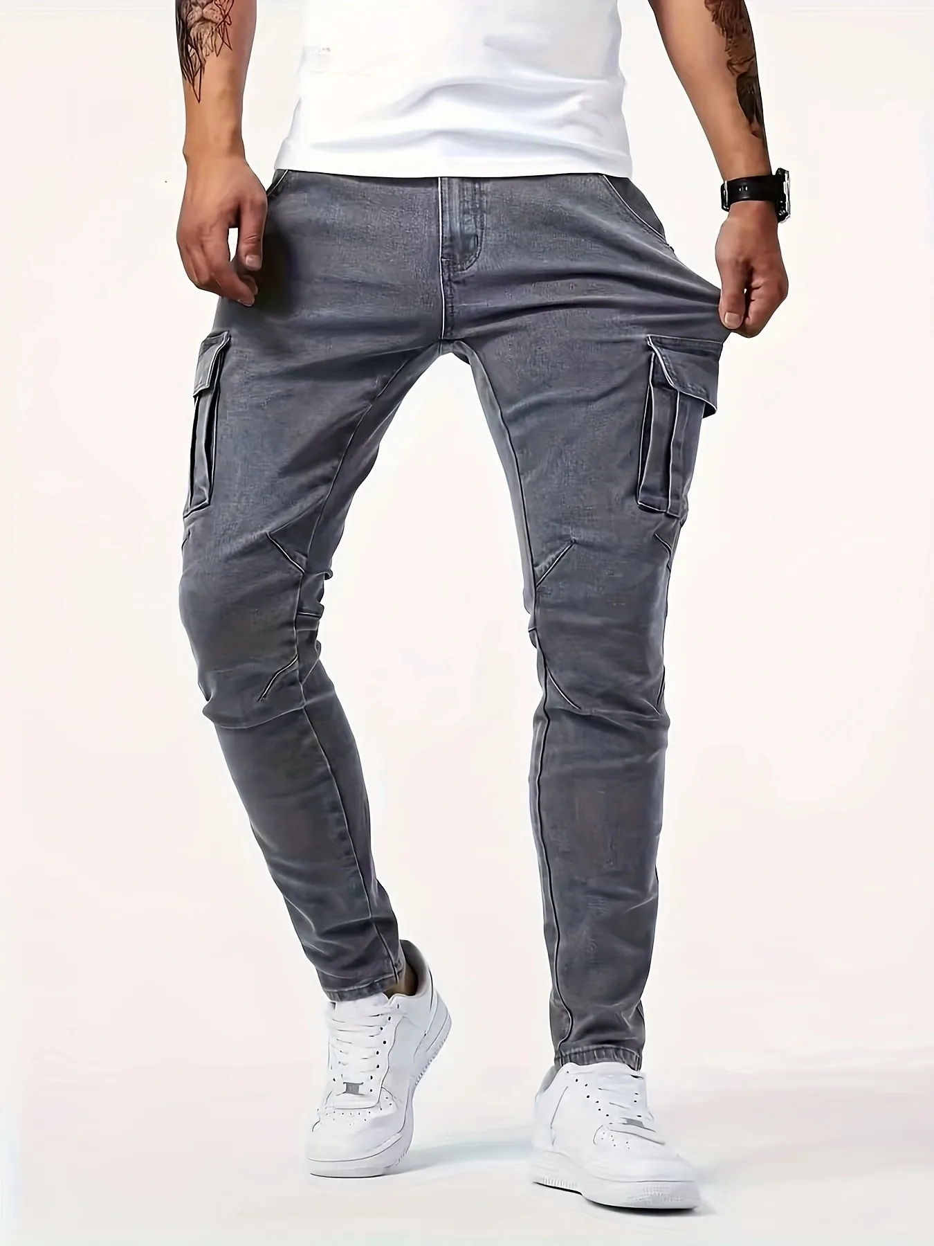 Men Slim Fit Cargo Jeans Stretchy Cotton Blend Multi Pocket Washed Denim Pants For Casual Daily Wear Grey Urban Fashion