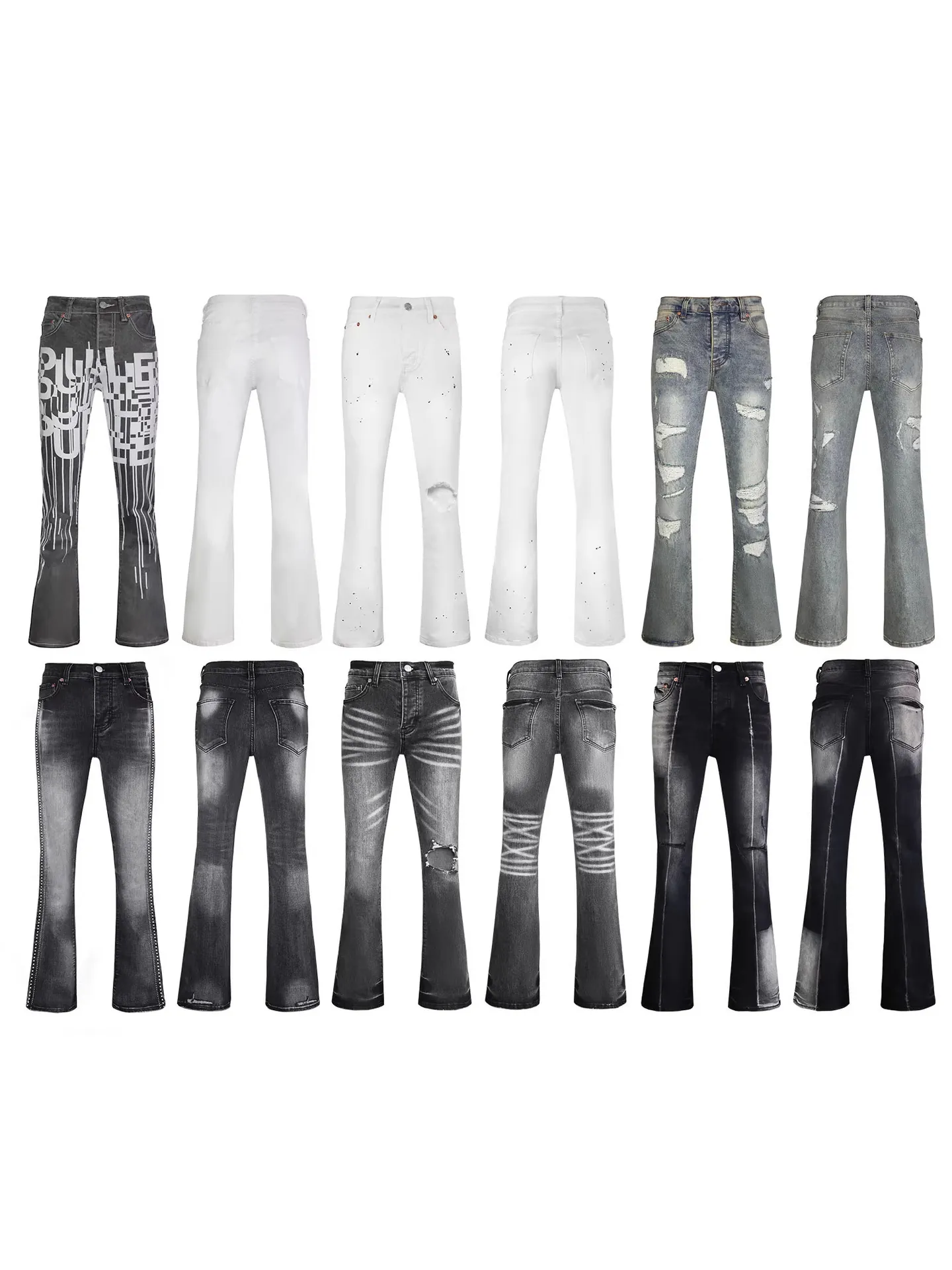 Men Retro Flared Jeans Distressed Ripped Slim Fit Stretch Denim Pants Vintage Washed Flare Leg Trousers Streetwear Style