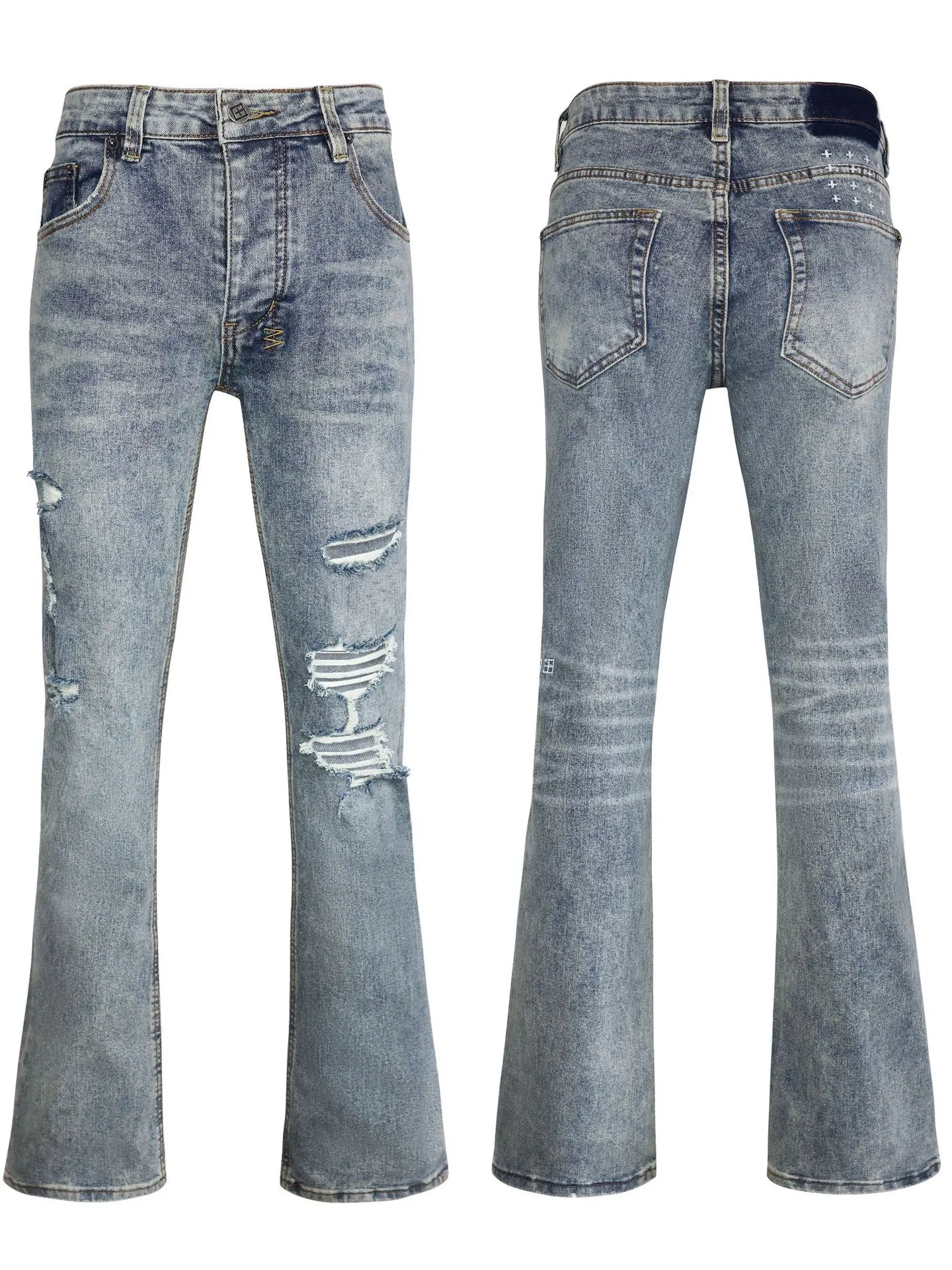 Men Distressed Flare Jeans Vintage Light Blue Wash Cotton Denim Pants High Street Streetwear Outfits For Men