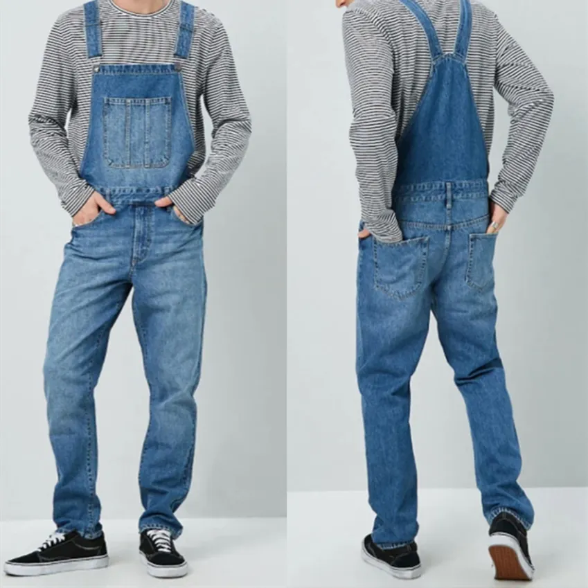 Men's Denim Bib Overalls Cotton Water Washed Workwear Straps Jumpsuit Straight Leg Casual Overalls For Men Daily Wear