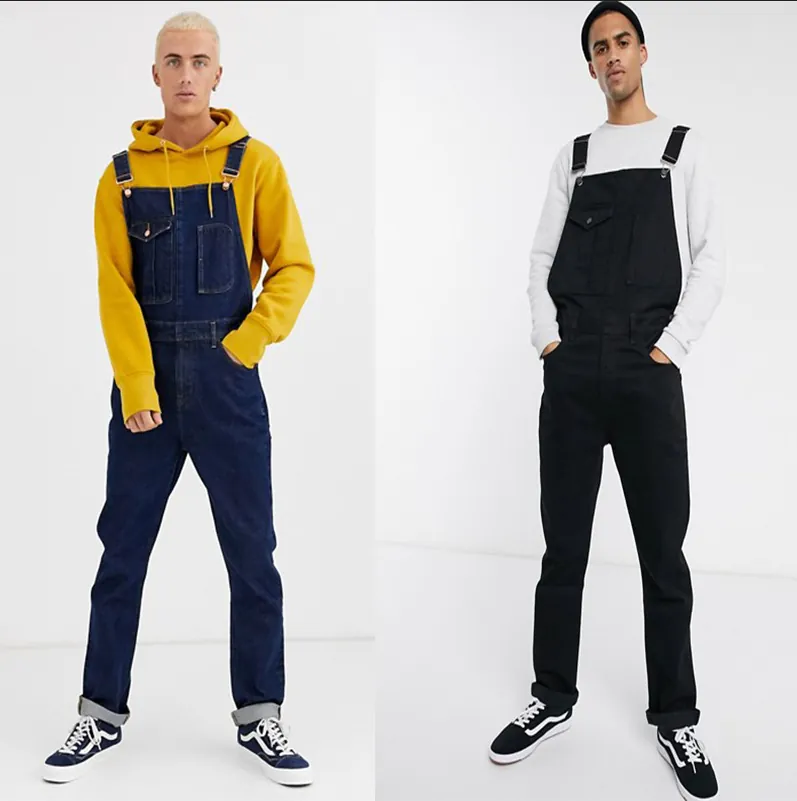 Men Denim Overalls Cotton Bib Pants Multi Pockets Adjustable Straps Casual Workwear Jumpsuits For Men Solid Color Dungarees