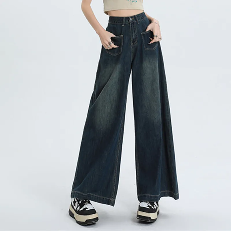 Dames High Waist Wide Leg Jeans Vintage Washed Denim Broek Met Opgestikte Zakken Casual Loose Streetwear Broek Voor Dames
