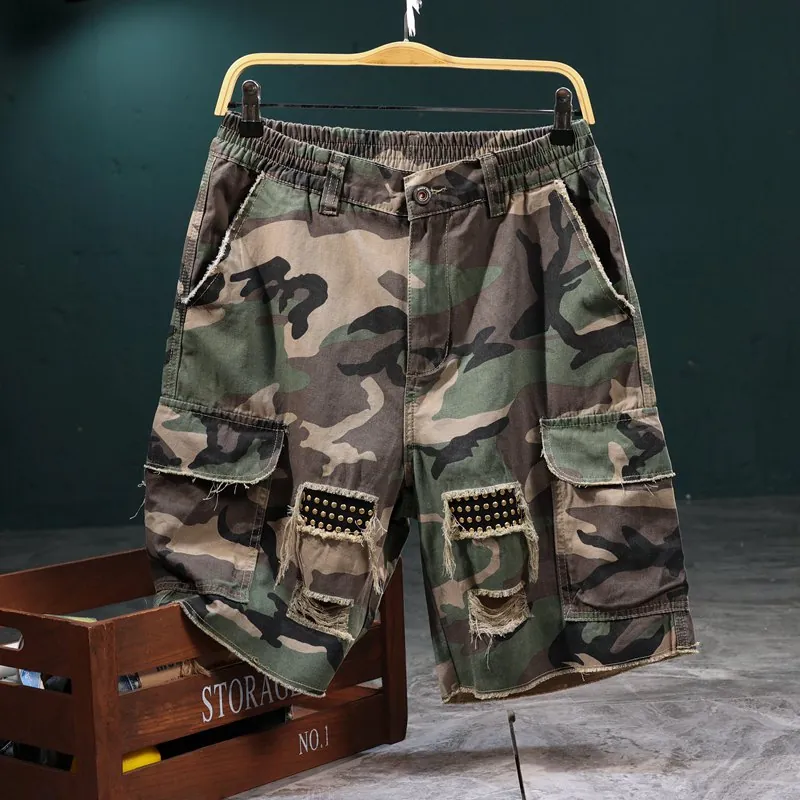 Men's Cargo Shorts Woodland Camouflage Cotton Canvas Distressed Ripped Streetwear Bottoms With Metal Rivets And Pockets