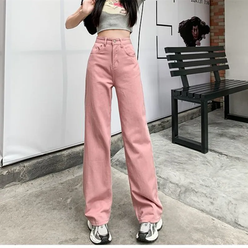 Jeans a Gamba Larga Rosa da Donna a Vita Alta Street Style Retrò Pantaloni in Denim Larghi e Cadenti Pantaloni Dritti Lunghi Lavati Casual
