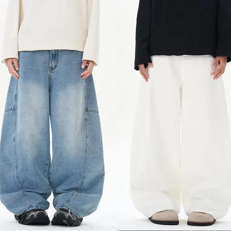 Herren American Streetwear Lockere Weite Denim Jeans Baumwolle Patchwork Washed Straight Retro Blau Weiß Oversized Hose
