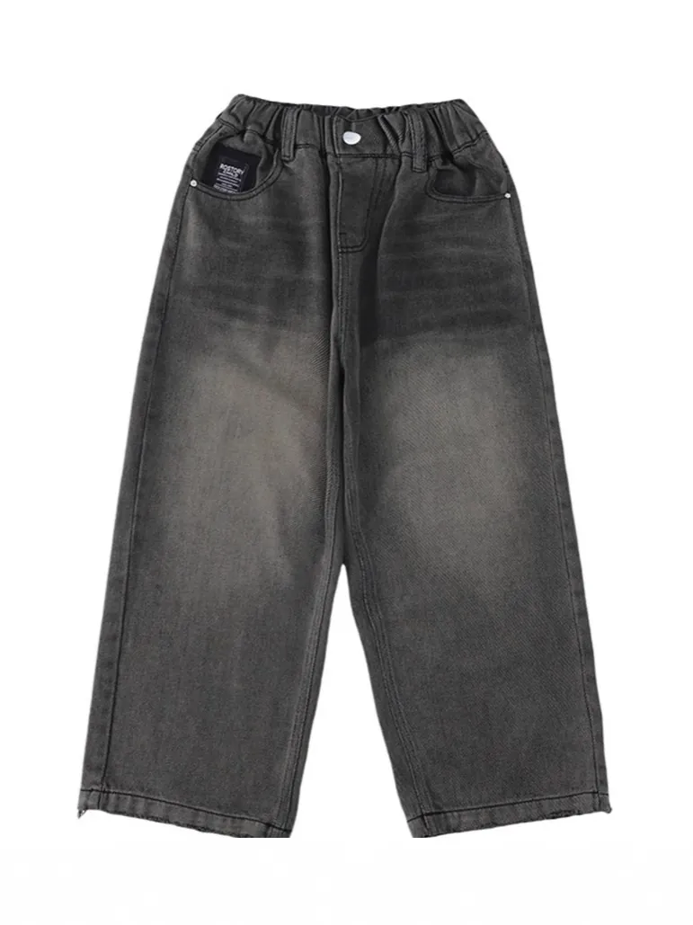 Boys Casual Washed Dark Gray Jeans Loose Wide Leg Straight Denim Pants Elastic Waist Bottoms For Kids Teens Streetwear