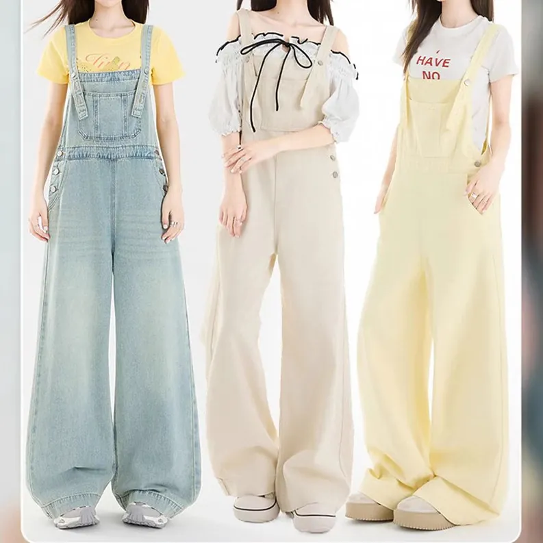 Damen High Waist Weites Bein Denim Latzhose Casual Lockerer Jeans Overall Baumwolle Gerades Bein Romper Vintage Stil