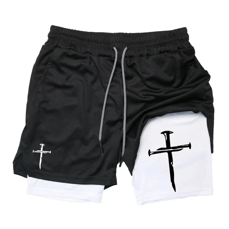 Men 2-In-1 Running Shorts Gothic Cross Faith Print Double Layer Fitness Mesh Gym Compression Streetwear Athletic Shorts
