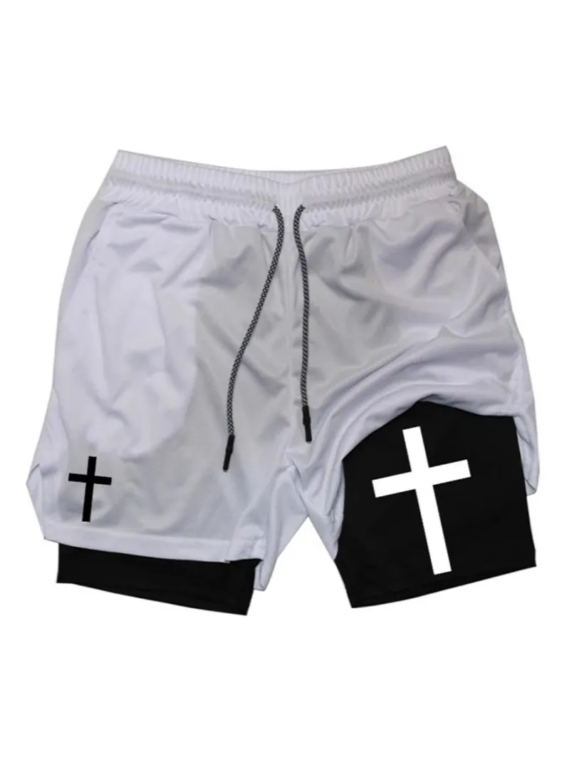 Men's 2-In-1 Sports Shorts Quick Dry Breathable Mesh Double Layer Gym Running Shorts With Cross Pattern Workout Bottoms