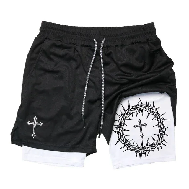 Men Gothic Cross Print Double Layer Sports Shorts Mesh Breathable Heat Transfer Gym Running Training Athleisure Shorts