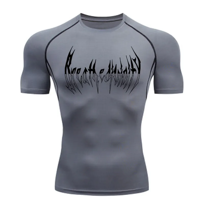 Men's Compression Shirt Quick Dry Polyester Spandex Breathable Elastic Muscle Support Gym Training Fitness Running Sports Gothic Letter Print Male Athletic Base Layer