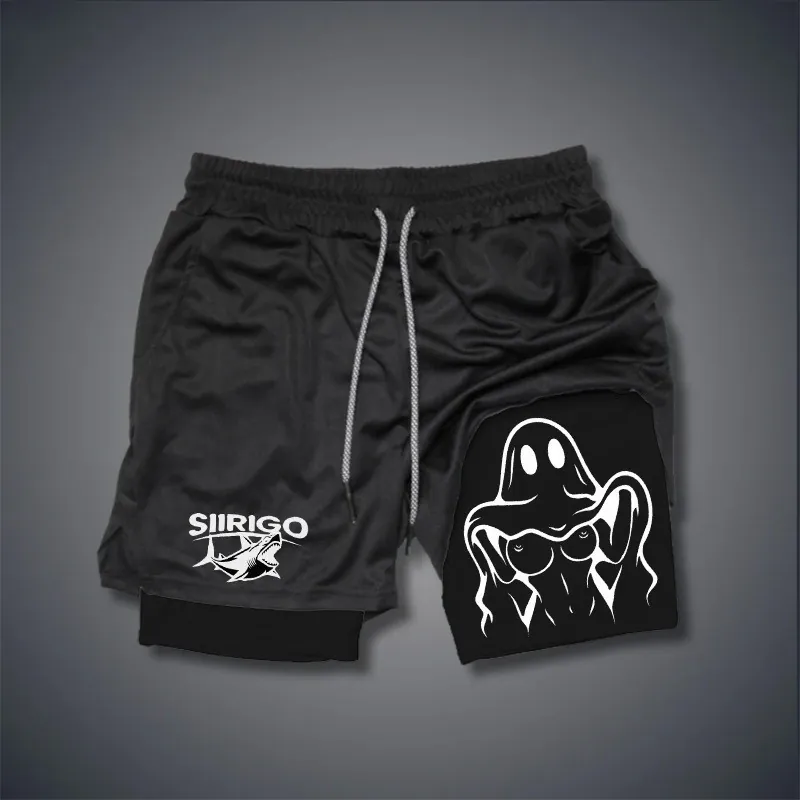 Men's 2-in-1 Sports Shorts Quick Dry Breathable Fitness Running Mesh Shorts Ghost Shark Graphic Print Double Layer Gym Bottoms