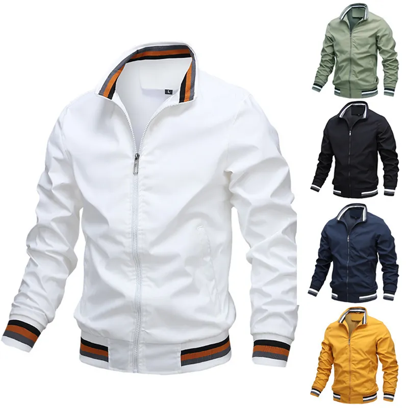 Men Casual Windbreaker Jacket Stand Collar Solid Color Polyester Zipper Coat Outdoor Sportswear Autumn Spring Men Clothing