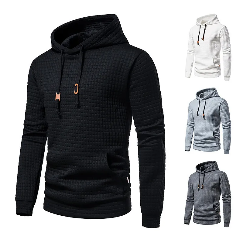 Men Fashion Waffle Texture Hooded Sweatshirt Casual Long Sleeve Polyester Pullover With Kangaroo Pocket For Autumn Winter
