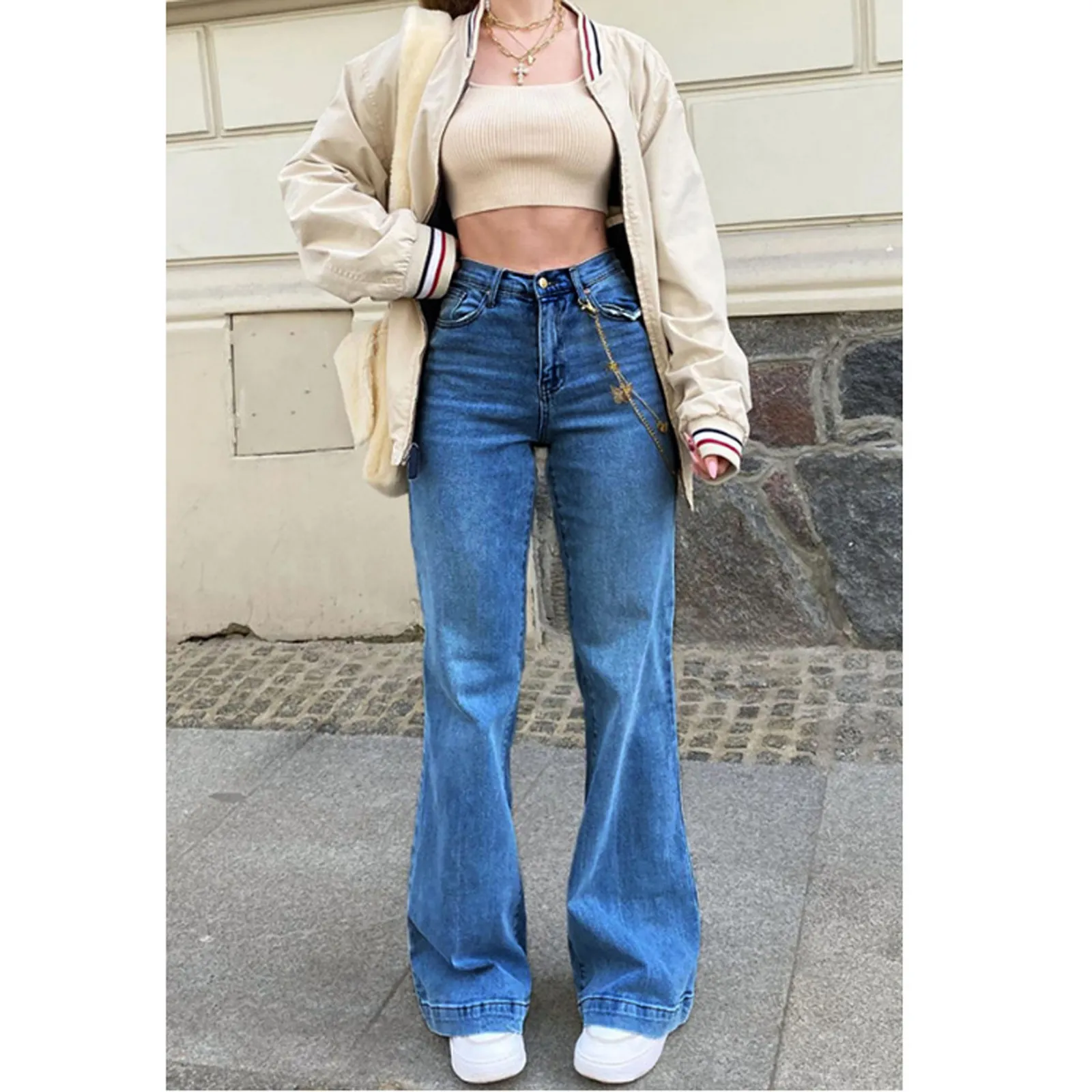 Vaqueros de Cintura Alta y Pernera Ancha para Mujer Denim Algodón Lavado Patchwork Pantalones Casuales Holgados Estilo Vintage Americano